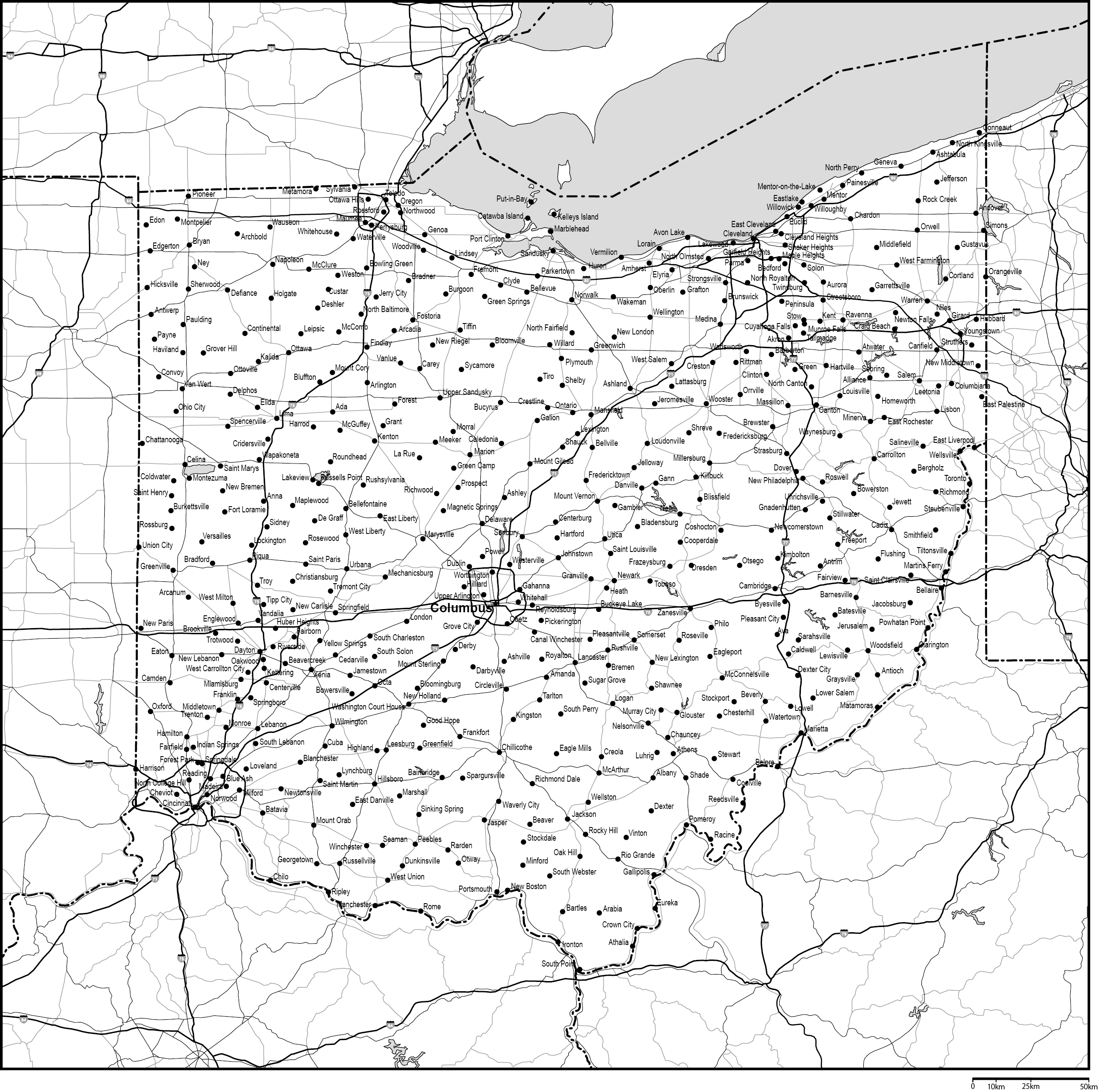 オハイオ州白地図州都・主な都市・道路あり(英語)フリーデータの画像