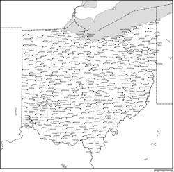 オハイオ州郡分け白地図州都・主な都市あり(英語)
