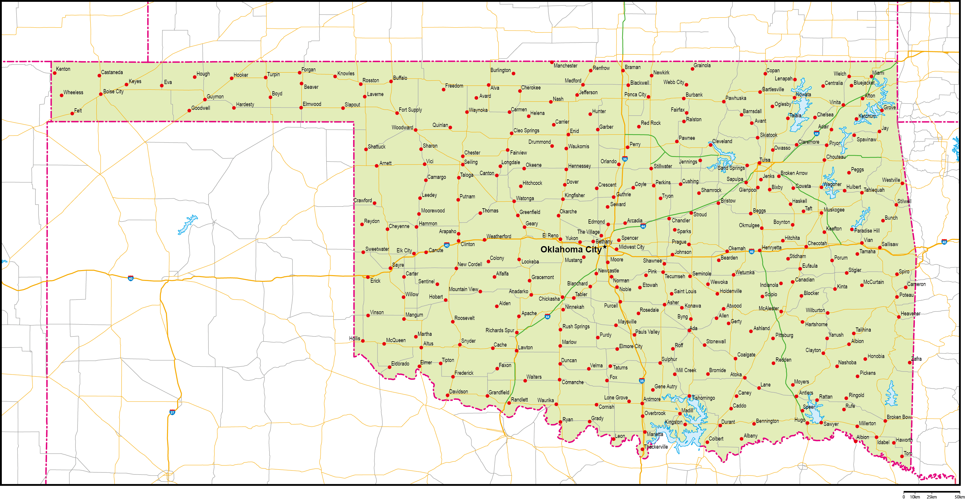 オクラホマ州地図州都・主な都市・道路あり(英語)フリーデータの画像