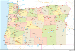 オレゴン州郡色分け地図州都・主な都市・道路あり(英語)