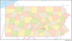ペンシルベニア州郡色分け地図州都あり(英語)