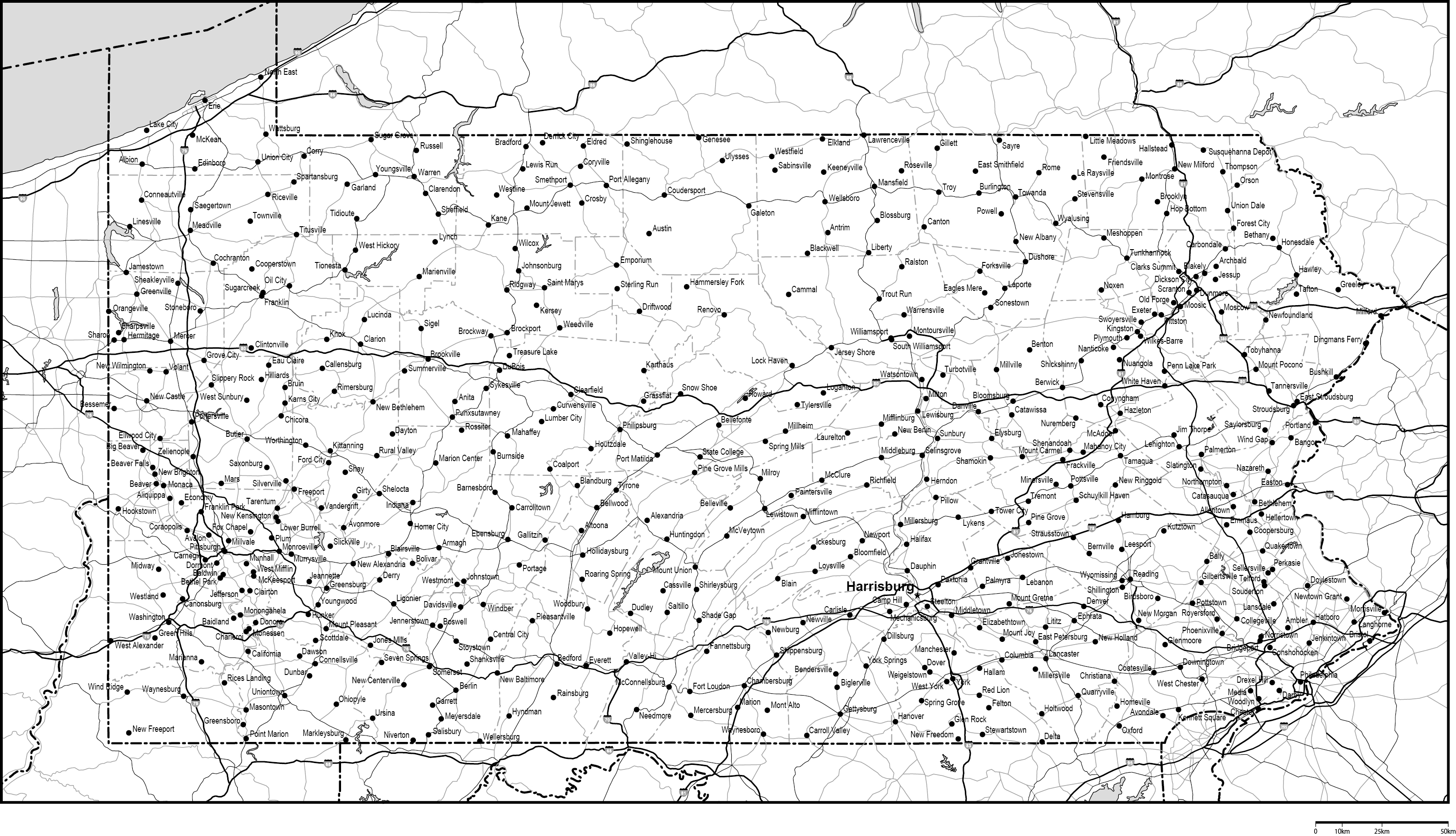 ペンシルベニア州郡分け白地図州都・主な都市・道路あり(英語)フリーデータの画像