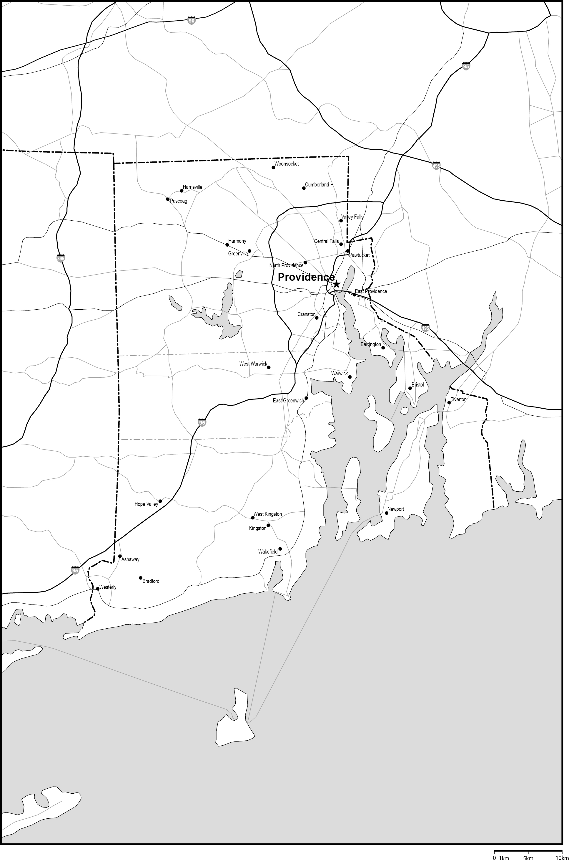 ロードアイランド州郡分け白地図州都・主な都市・道路あり(英語)フリーデータの画像