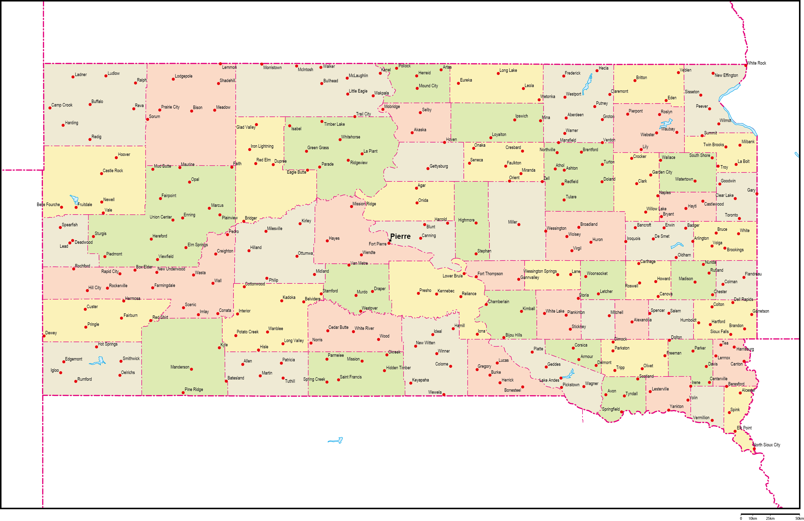 サウスダコタ州郡色分け地図州都・主な都市あり(英語)フリーデータの画像