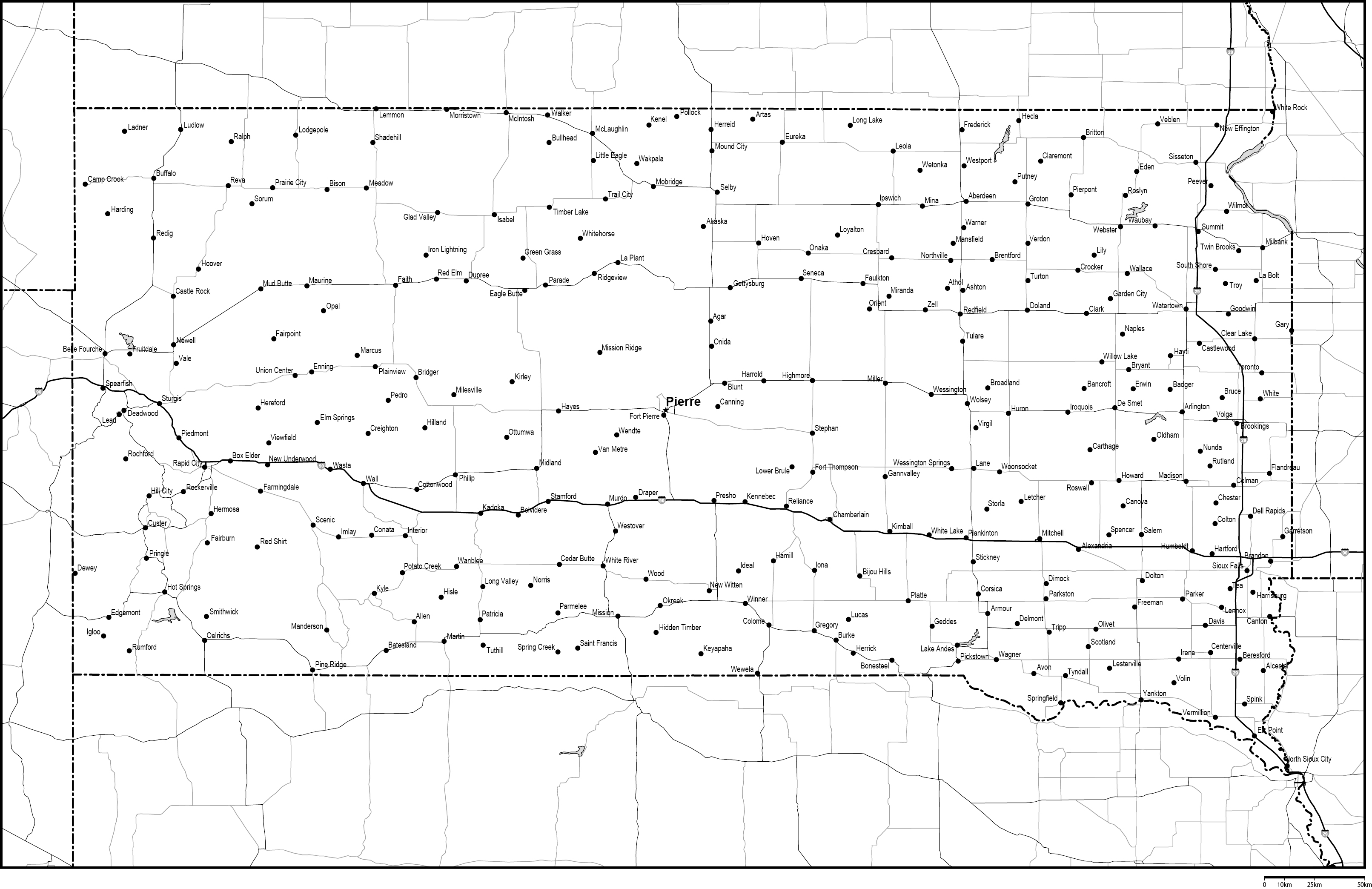 サウスダコタ州白地図州都・主な都市・道路あり(英語)フリーデータの画像