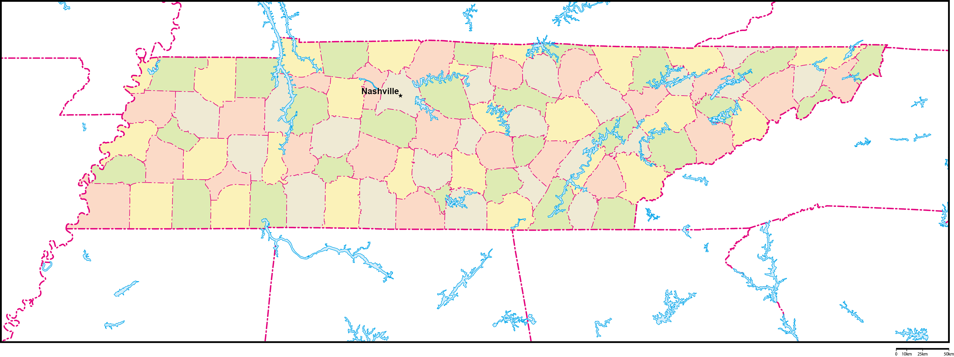 テネシー州郡色分け地図州都あり(英語)フリーデータの画像