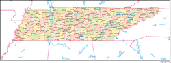 テネシー州郡色分け地図州都・主な都市あり(英語)