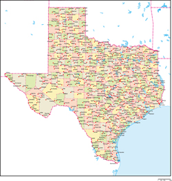 テキサス州郡色分け地図州都・主な都市あり(英語)