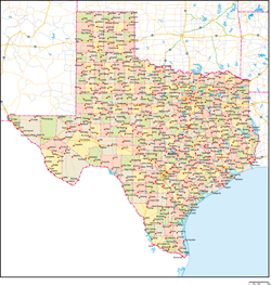 テキサス州郡色分け地図州都・主な都市・道路あり(英語)