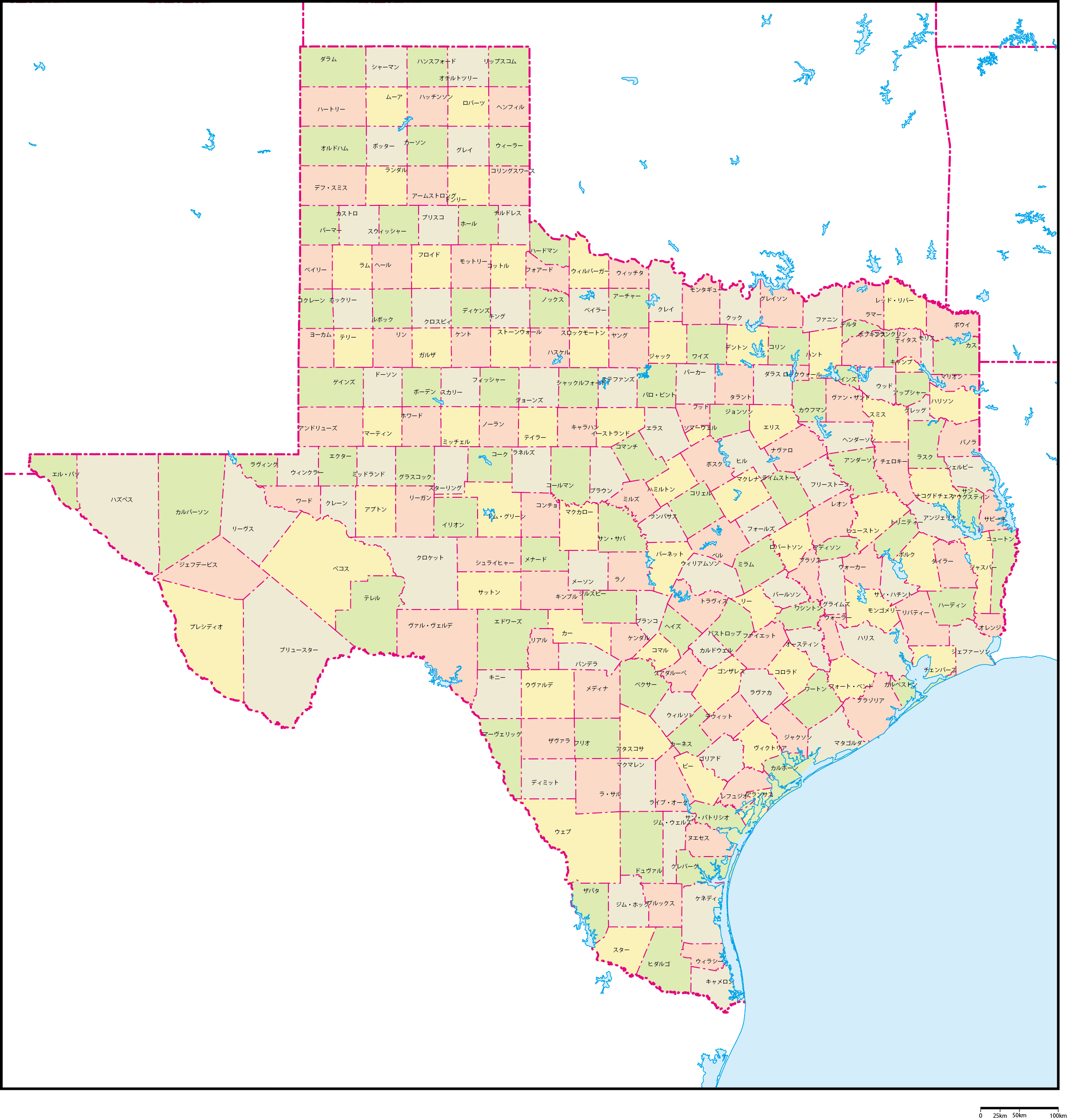 テキサス州郡色分け地図郡名あり(日本語)フリーデータの画像