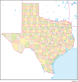 テキサス州郡色分け地図郡名あり(英語)