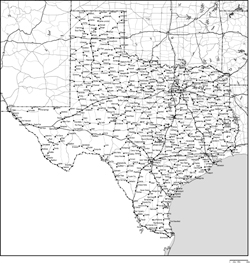 テキサス州白地図州都・主な都市・道路あり(英語)