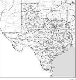 テキサス州郡分け白地図州都・主な都市・道路あり(英語)