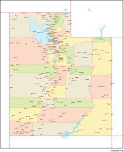 ユタ州郡色分け地図州都・主な都市あり(英語)