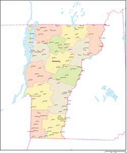 バーモント州郡色分け地図州都・主な都市あり(英語)
