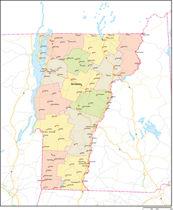 バーモント州郡色分け地図州都・主な都市・道路あり(英語)
