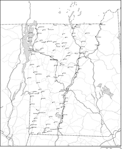 バーモント州郡分け白地図州都・主な都市・道路あり(英語)