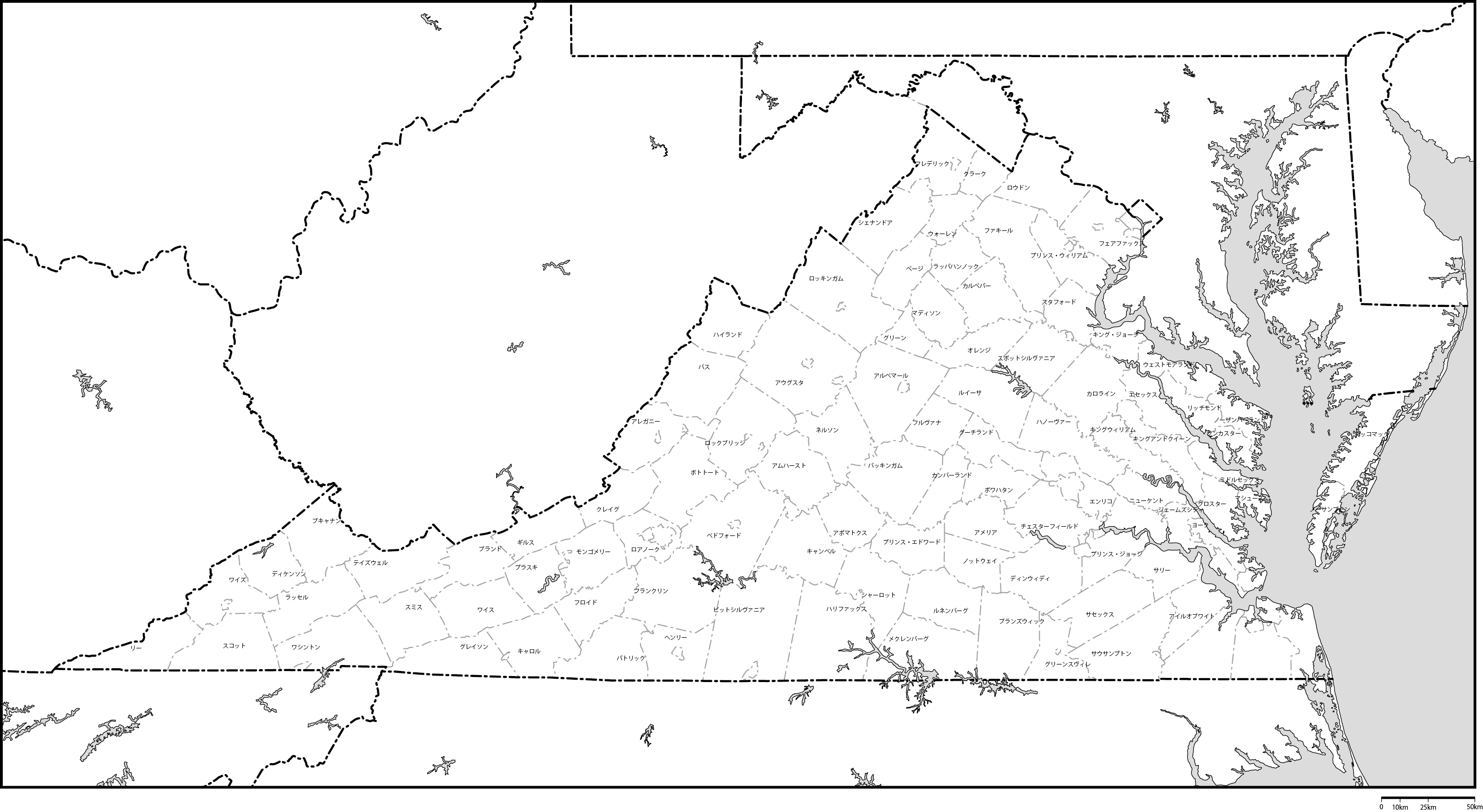 バージニア州郡分け地図郡名あり(日本語)フリーデータの画像