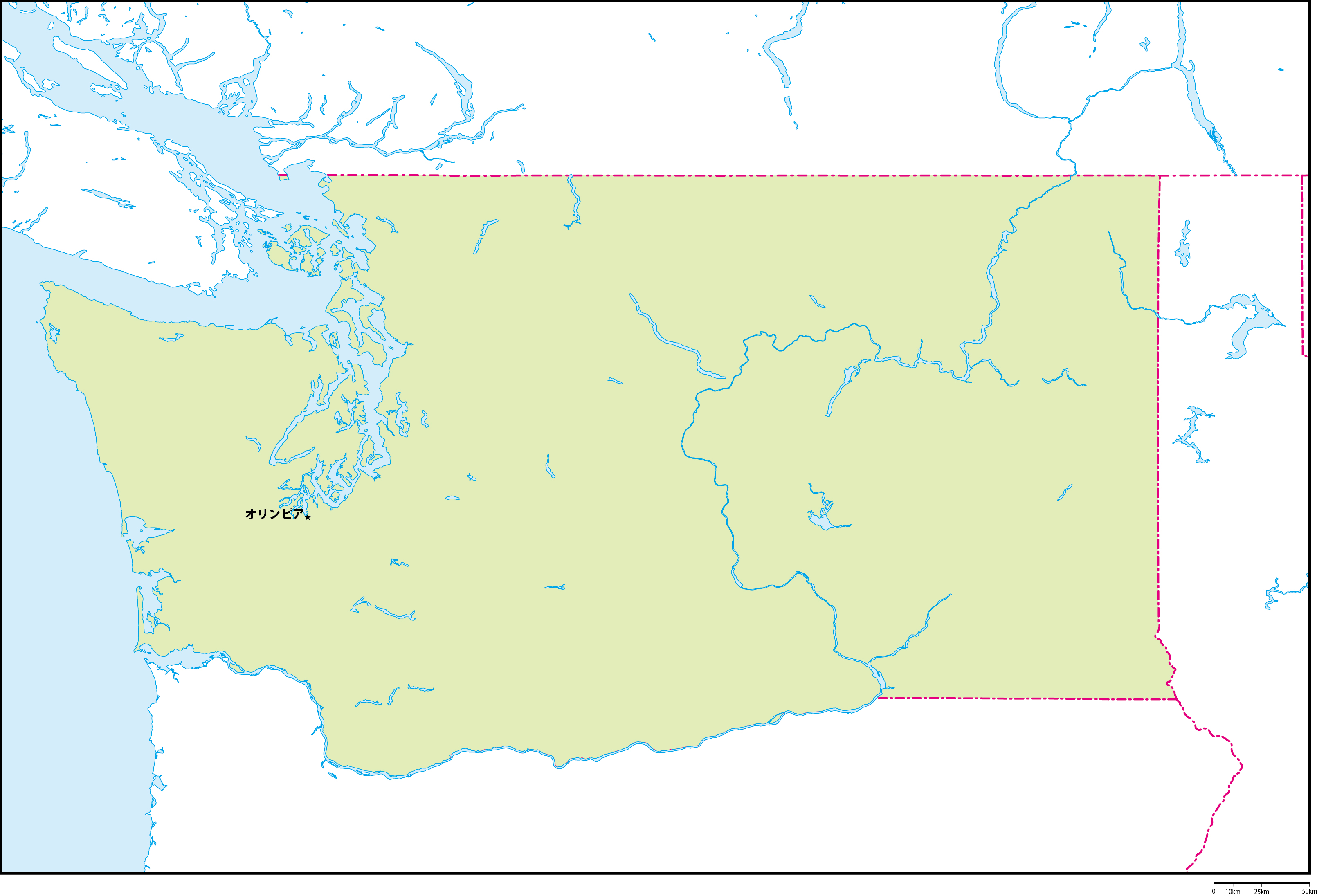 ワシントン州地図州都あり(日本語)フリーデータの画像