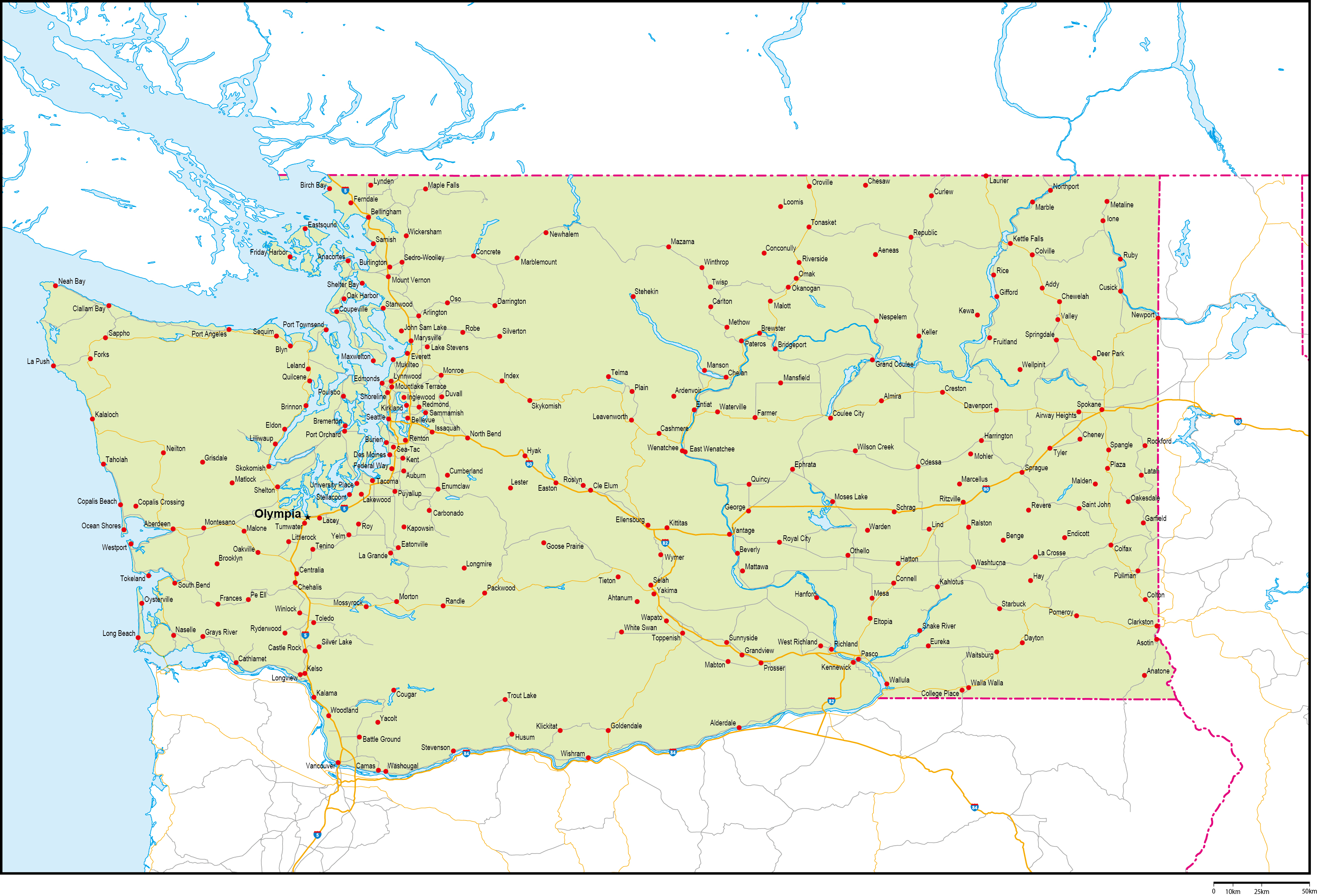 ワシントン州地図州都・主な都市・道路あり(英語)フリーデータの画像