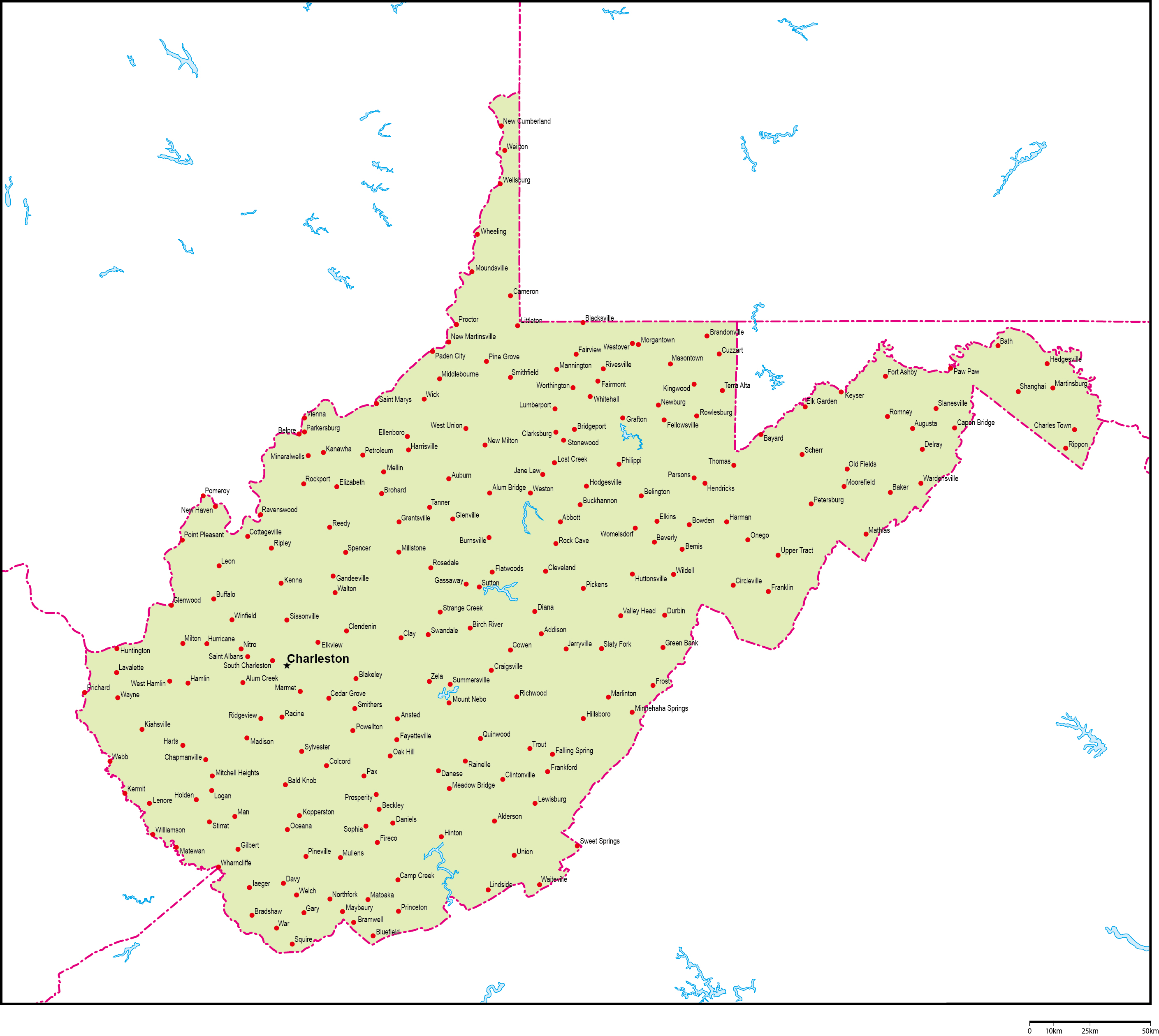 ウェストバージニア州地図州都・主な都市あり(英語)フリーデータの画像