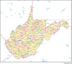 ウェストバージニア州郡色分け地図州都・主な都市あり(英語)