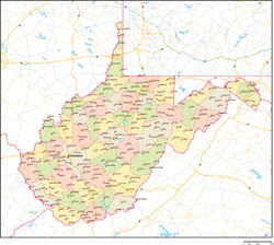 ウェストバージニア州郡色分け地図州都・主な都市・道路あり(英語)