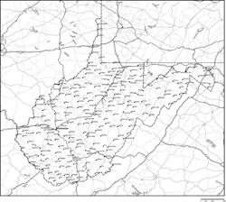 ウェストバージニア州郡分け白地図州都・主な都市・道路あり(英語)