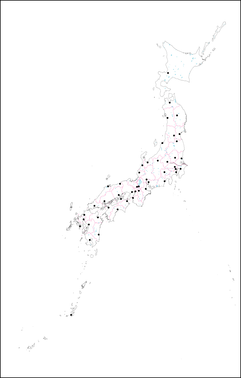 日本の白地図県庁所在地点付き(県境あり)