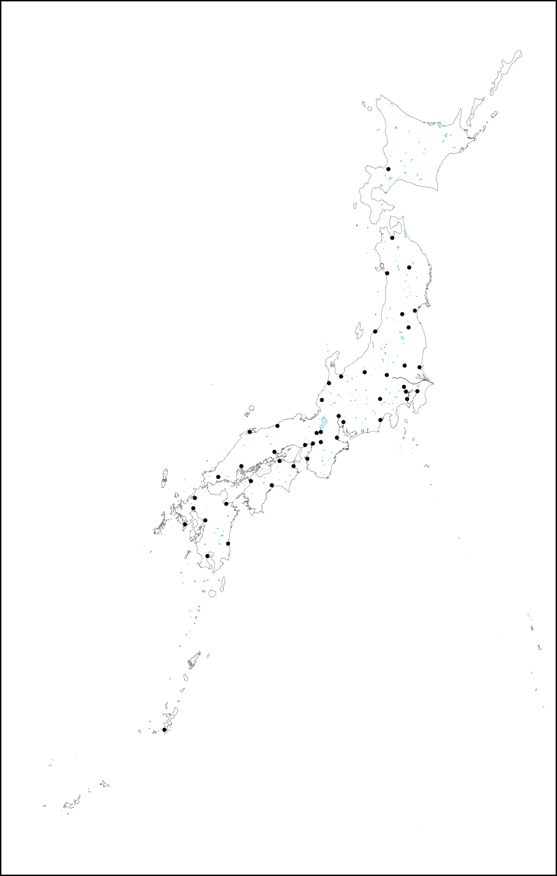 日本の白地図県庁所在地点付き(県境なし)のフリー画像
