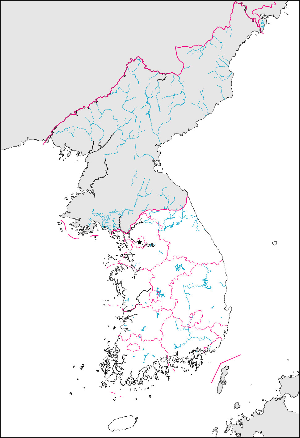 韓国白地図(行政区分・首都・国境記載)の画像