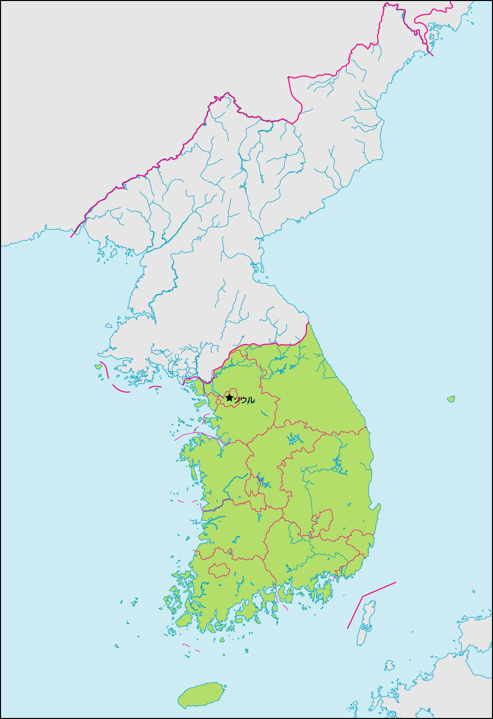 韓国地図(行政区分・首都・国境記載)の画像