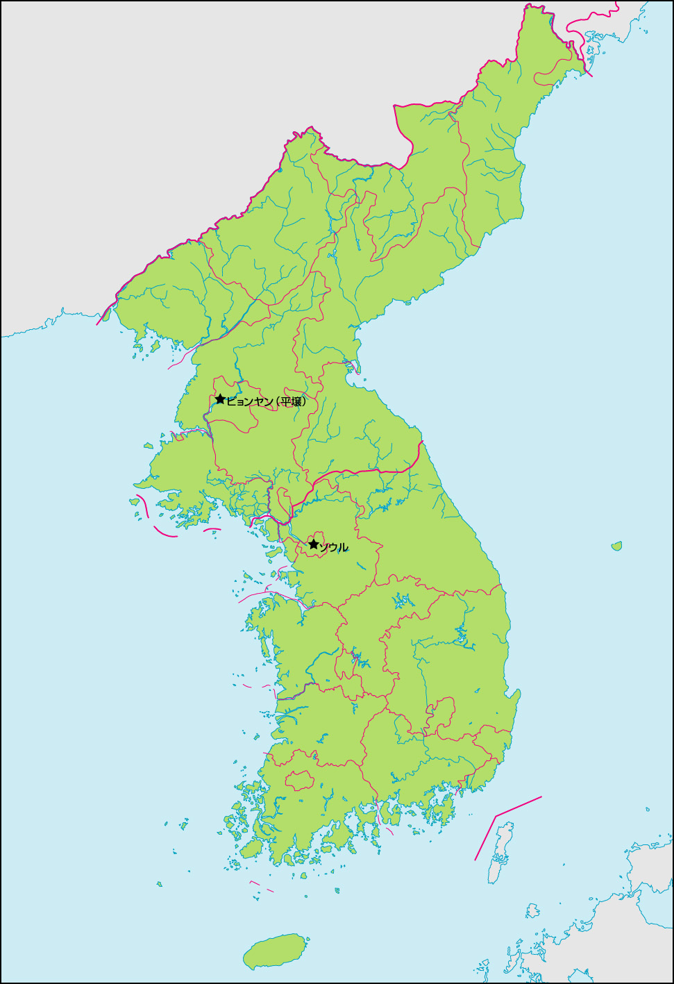 朝鮮半島地図(行政区分・首都・国境記載)の画像
