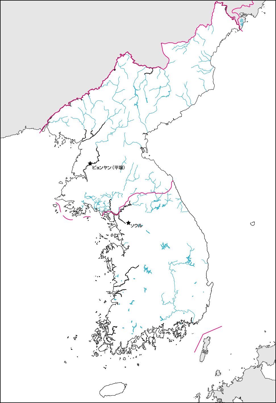 朝鮮半島白地図(首都・国境記載)の画像