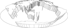 モルワイデ図法白地図(立体化斜め)の小さい画像