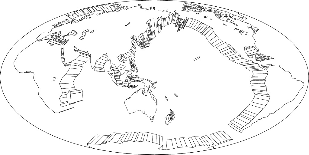 モルワイデ図法白地図(立体化)の画像