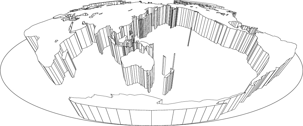 モルワイデ図法白地図(立体化斜め)の画像