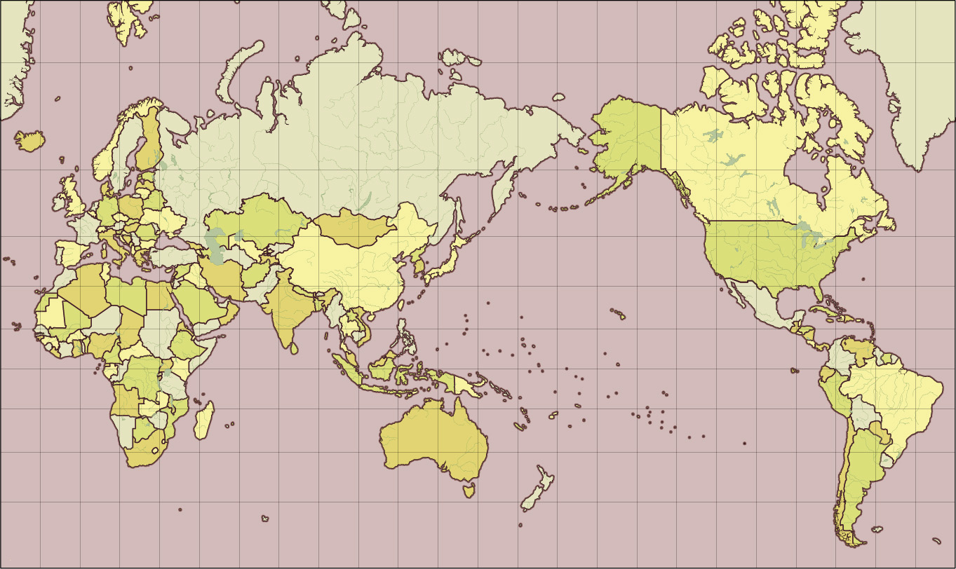 ミラー図法古地図風地図(緯度経度線あり)の画像