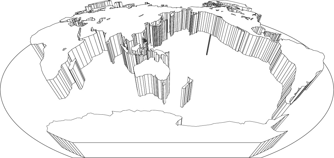 ヴィンケル図法白地図(立体化斜め)の画像