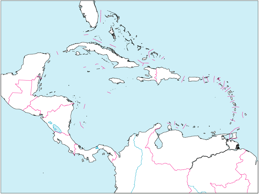 中部アメリカ地域地図(国境線あり)のフリー画像