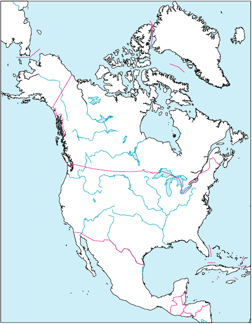 北アメリカ地域地図(国境線あり)のフリー画像