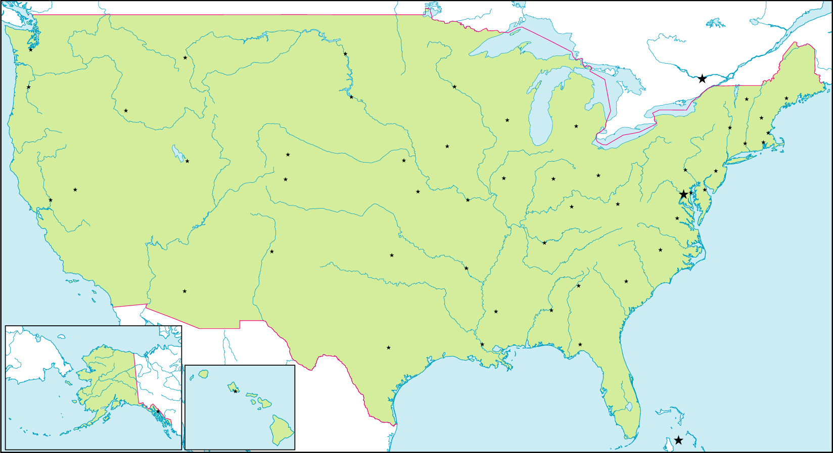 アメリカ合衆国地図(州境なし/州都あり)