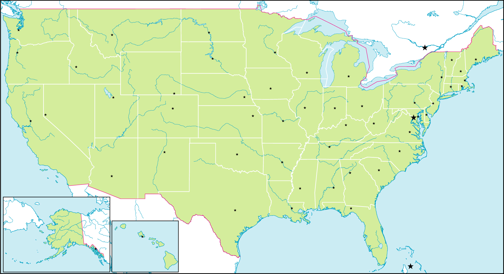 アメリカ合衆国地図(州境あり/州都あり)