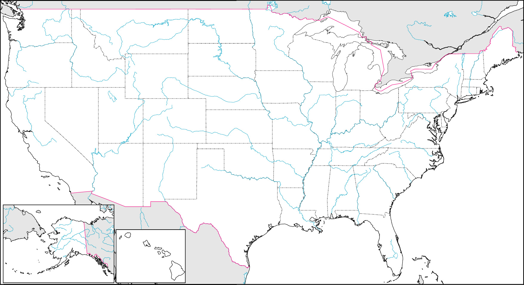 アメリカ合衆国白地図(州境あり/州都なし)