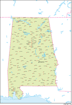 アラバマ州地図州都・主な都市あり(英語)の小さい画像