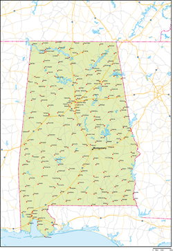 アラバマ州地図州都・主な都市・道路あり(英語)の小さい画像