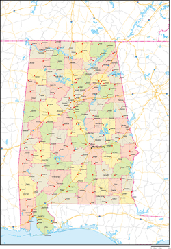 アラバマ州郡色分け地図州都・主な都市・道路あり(英語)の小さい画像