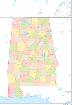 アラバマ州郡色分け地図郡名あり(英語)の小さい画像