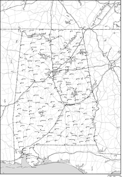 アラバマ州郡分け白地図州都・主な都市・道路あり(英語)の小さい画像