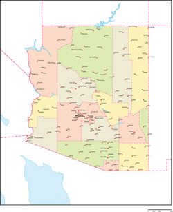 アリゾナ州郡色分け地図州都・主な都市あり(英語)の小さい画像
